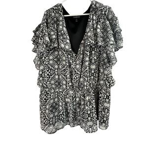 Lane Bryant Black White Print Ruffled V-Neck Blouse -Plus Size 28 - Flowy Sheer